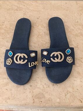 Rogue Helium Blue Denim Jeweled Slide Mules with Gold Accents